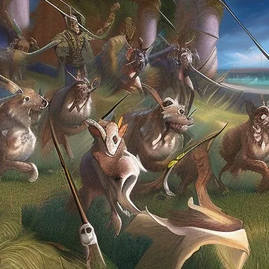 The hunters and hounds; a small part of nobles is riding out to hunt for a stag or other large animals. At least one of their hounds can be seen running ahead (or a whole pack, if you want to draw a few dogs).