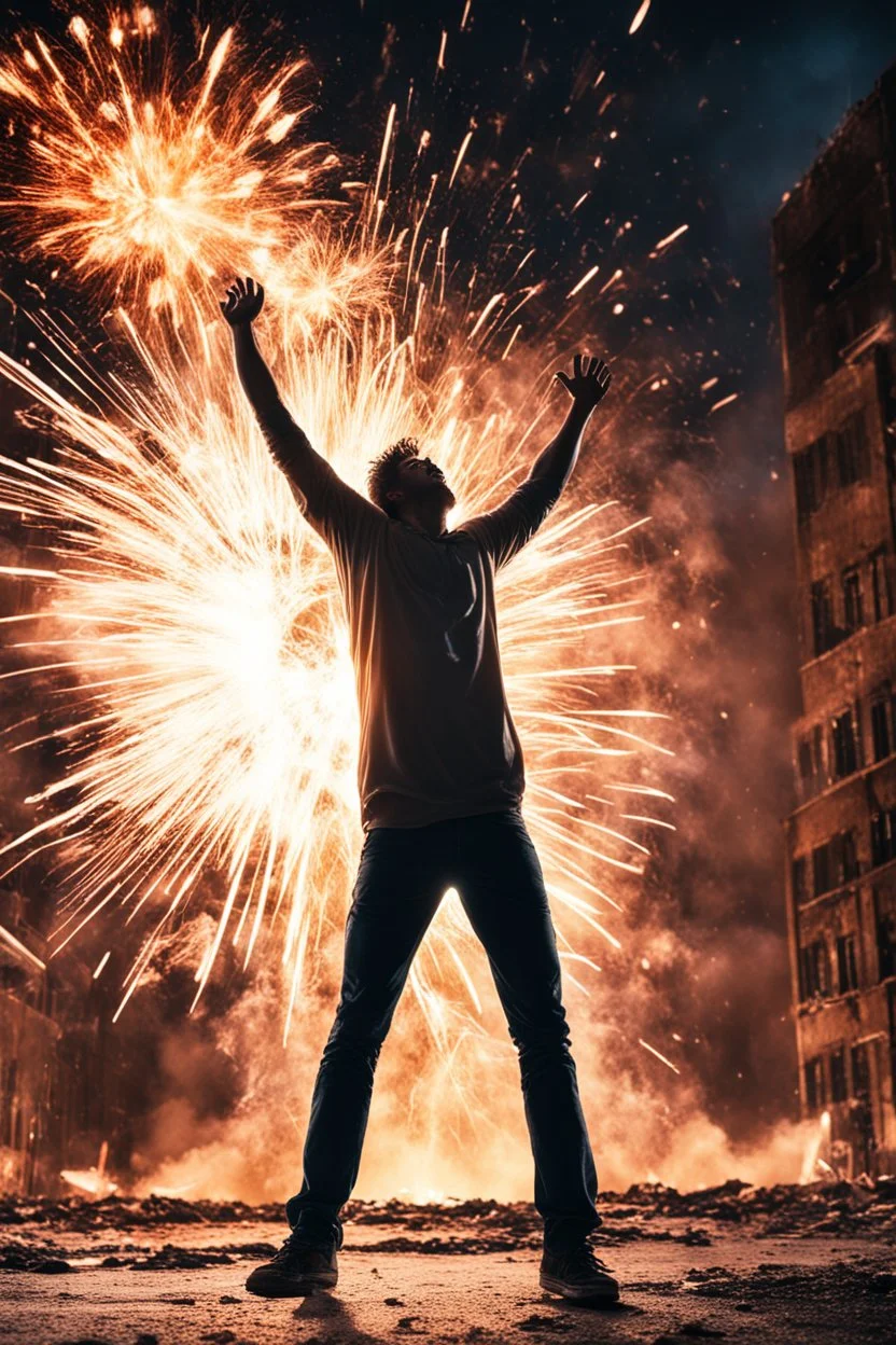 Young man standing, with arms raised, in front of an exploding building at night, with auras around him