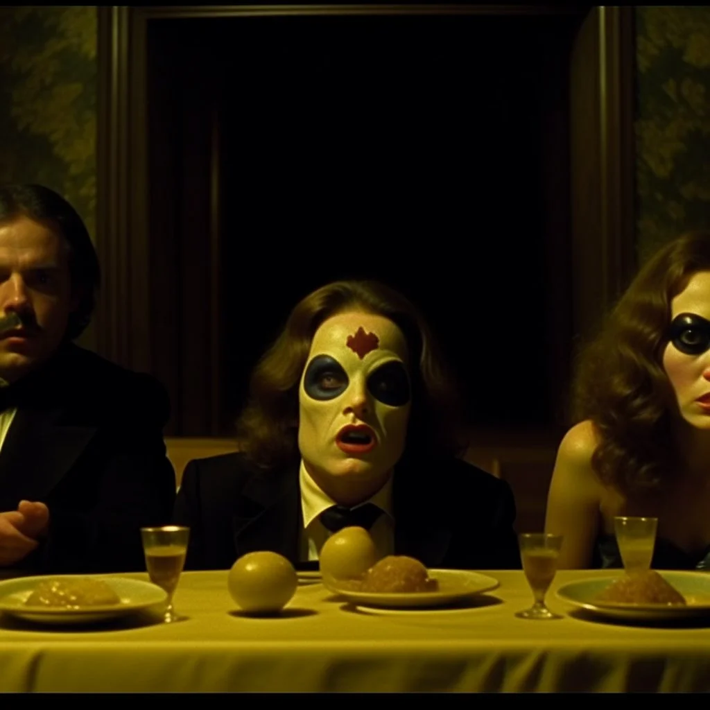 Spooky, ultra realistic distress, dining, ultra realistic hot woman, nose, giant eye on a table, organic hot bondes, bredst, dynamic, anguish, Stanley Kubrik Eyes wide shut, excited and lively scene, hypermaximalist figures, Creepy the Ring Alfred Hitchcock, Sam Raimi, insanely detailed, sinister, John Carpenter, Dario Argento, ornate