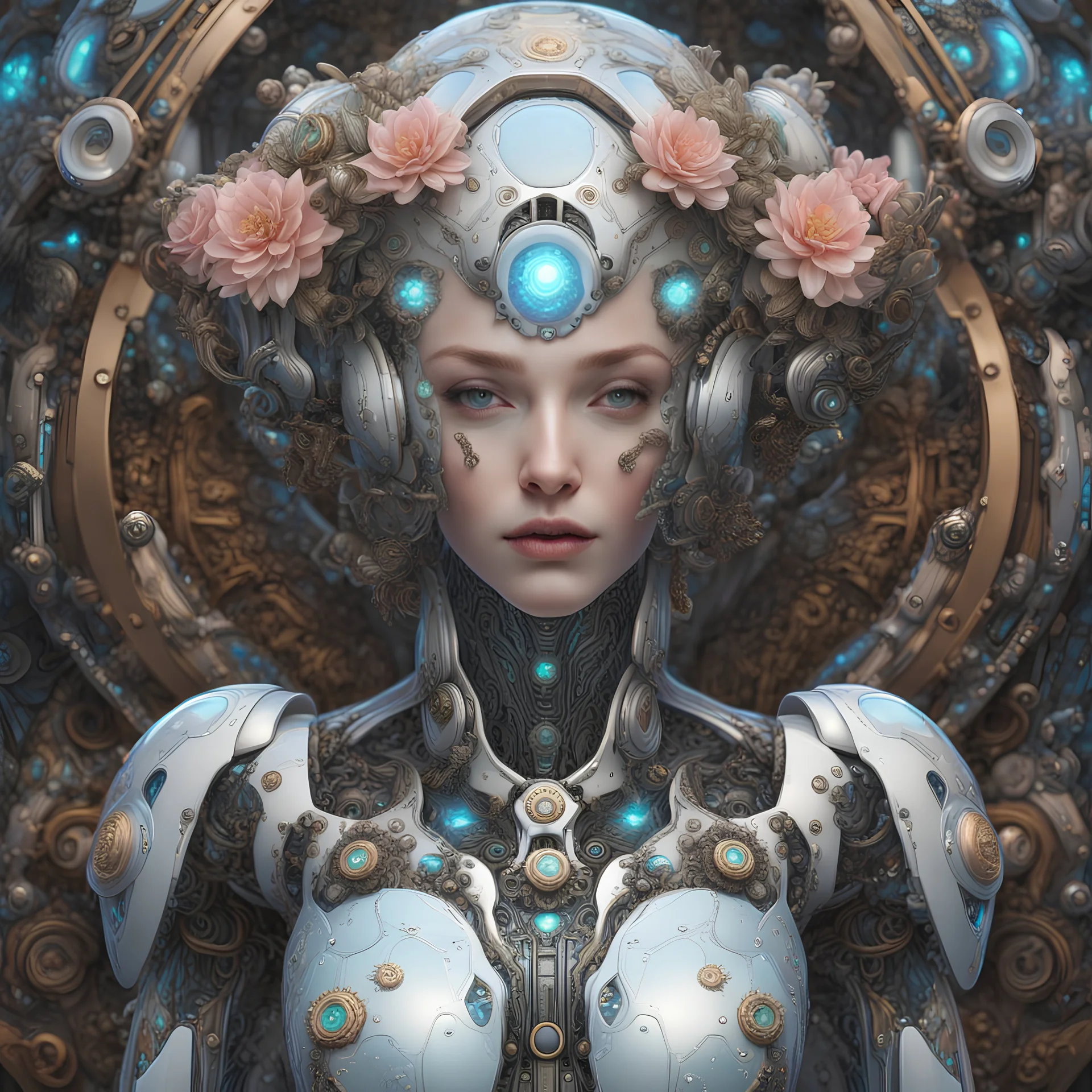 luxe glass robotic goddess, exquisite engraving, enchanted, delicate face, elegant, opal gears cyborg, luxury flowery suit🌷🌼🌿, highly detailed, digital painting, artstation, asymmetrical, concept art, smooth, sharp focus, 8k , trending on artstation, sharp focus, studio photo, intricate details, highly detailed, by greg rutkowski