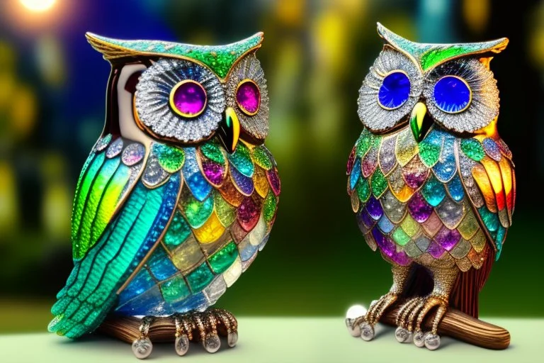 Coloured glass owl set with gemstones, glittering metal and gemstone parts in garden sharp focus elegant extremely detailed intricate very attractive beautiful dynamic lighting fantastic view crisp quality exquisite detail in the sunshine gems and jewels