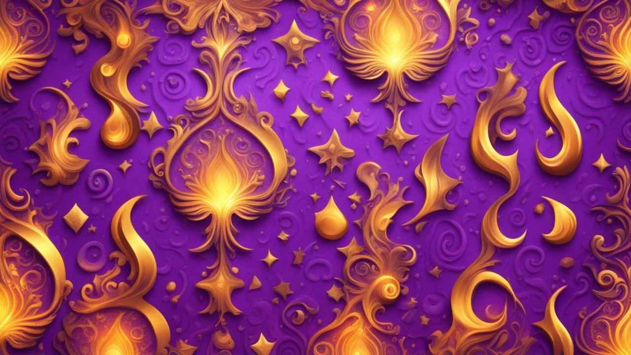 Hyper Realistic Glowing-Golden-Groovy-Patterns on Purple-background with fire-embers on it