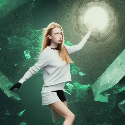 woman, blonde hair, green pullover, black pants, falling through glass shards, pan in the hand, brown shoes, windy