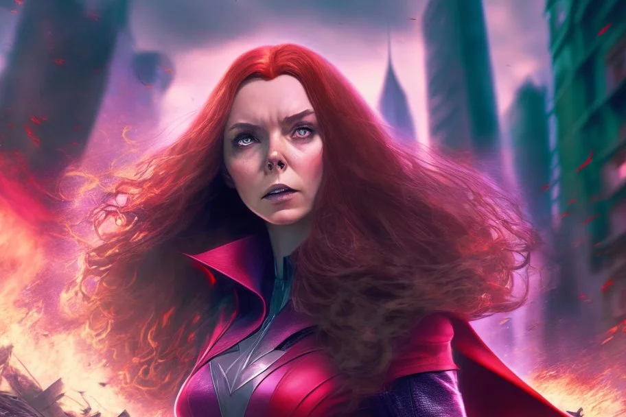 Wanda Maximoff, mulher, jovem, cabelos ruivos, olhos vermelhos, corpo inteiro, fundo cidade destruída, cores brilhantes, de lado destruindo algo com sua magia vermelha, traje da feiticeira escarlate, dramatico, 4k render, imagem cinematográfica. Cores frias, magia em suas mãos, magia vermelha claro