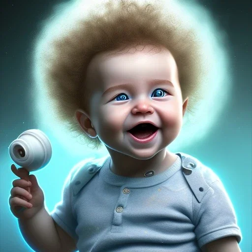 a smiling human baby called tobias leander with curly hair, playing with toys, photo realistic spray painting, movie poster