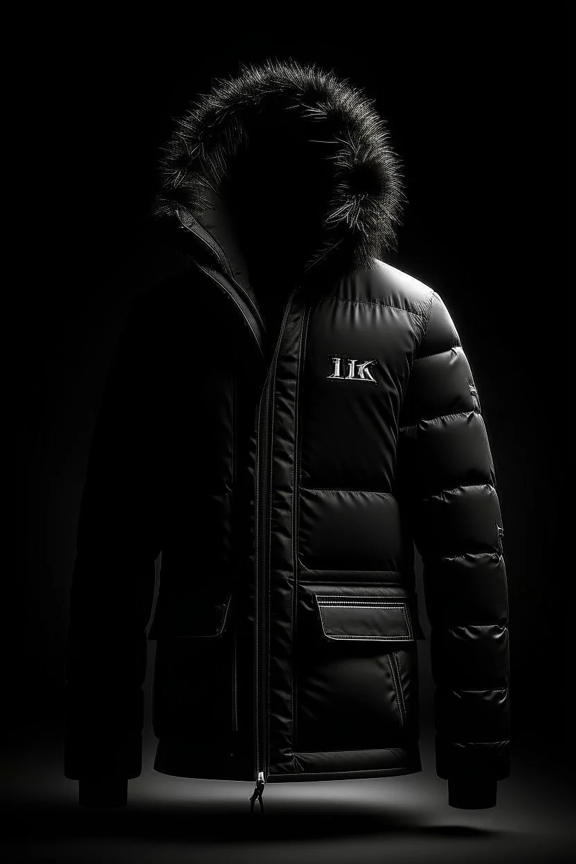 Men's coat black that has fur and contains the word jiks