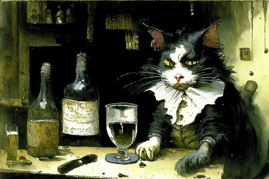 childrens book illustration, macskássy izolda, a frightened looking black and white cat with a cigarette in his mouth, a glass of whiskey in his hand, looking just at us in a smoky pub, van eyck, painted on rough canvas with exaggerated lines, sharp brushstrokes, dripping, plastic paint watercolor and ink, oil on canvas jean baptiste monge