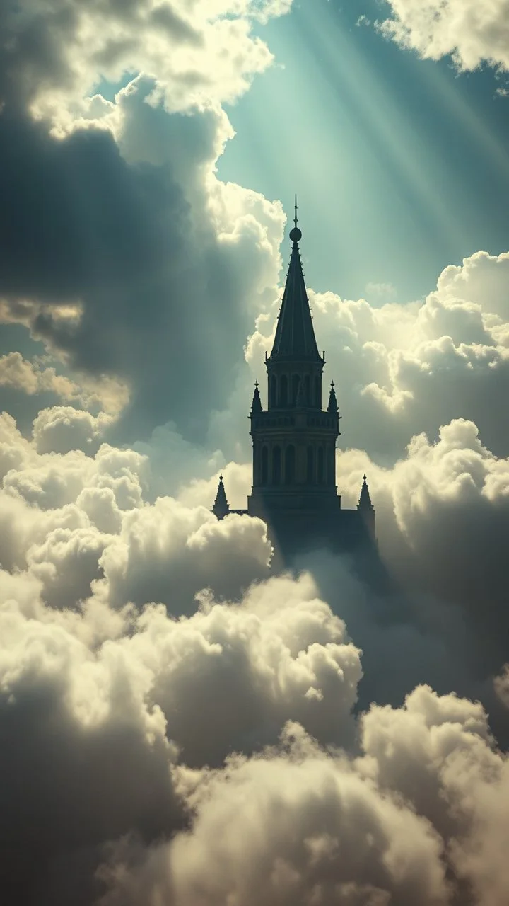 Portrait Rasputin above swirling clouds, emerges from the heart of a raging storm. Turbulent winds of steam swirl around the iconic structure, lit by shafts of sunlight that cast dramatic shadows on the A large evil dark shadow hovering by over the clouds , High quality 16k cinematic scene and great photography