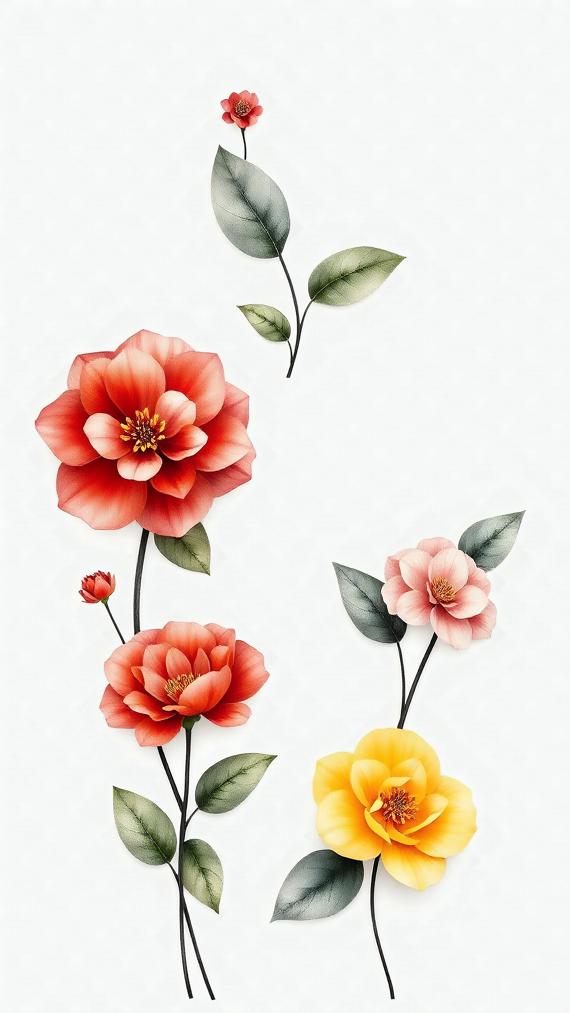 A set of fresh minimalist white and textless targets. They feature beautiful designs of flowers, hydrangeas, and decorative colors (red, naranja, and amarillo). Each set is set against a pure white background, reflecting the texture and depth of the water leaf. The overall atmosphere of the illustrations is radiant with calm and a deep appreciation for the art of water painting.