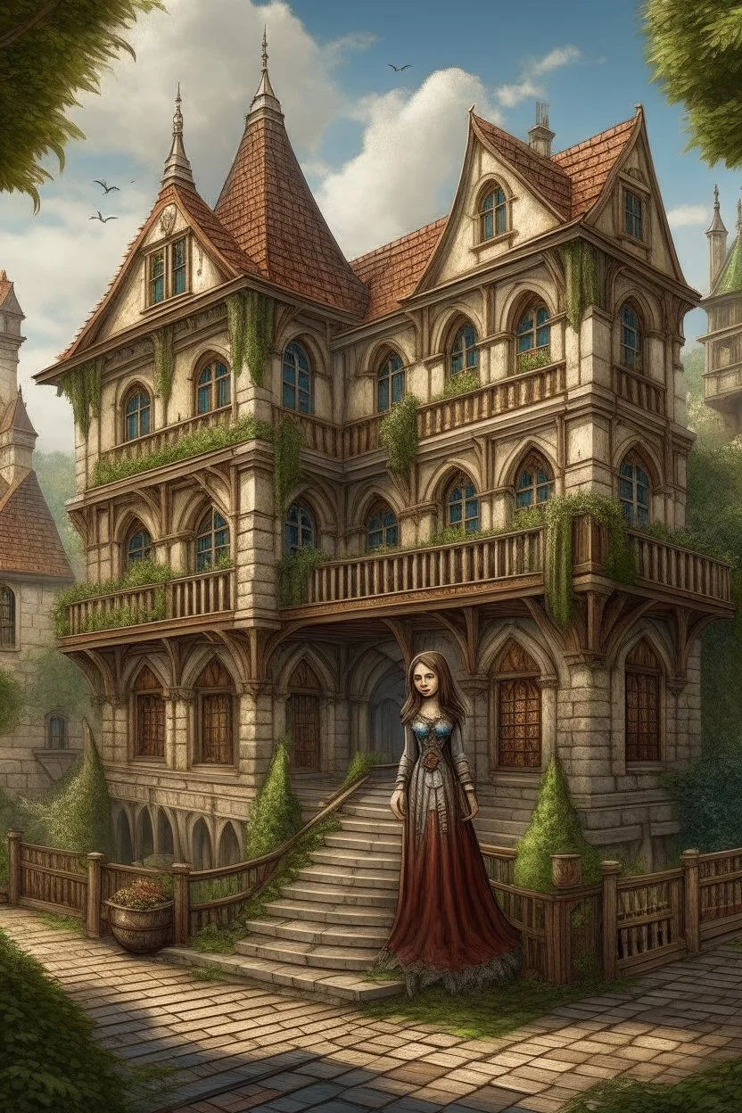 tall, slim, woman, with wings, and scales, large medieval gothic inn, with a balcony, next to a sloping, cobbled road, surrounded by trees with dense foliage, photo-realistic