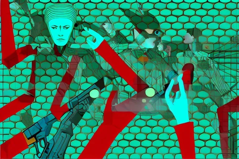 Dark green to cyan body color. Girls with slim body. Pointing with a hand gun. Man behind the image. Cyber-punk. Surrealistic, no eyes. Red and blue mathematical 3D-tiling. Escher tiling background. Oppressive atmosphere. Soviet propaganda. Partly symmetrical in relation to the movement. Perfect golden ratio in vertical and horizontal directions. Deep blue geometrical hexagon in 11th dimension. Narrow focal plane.