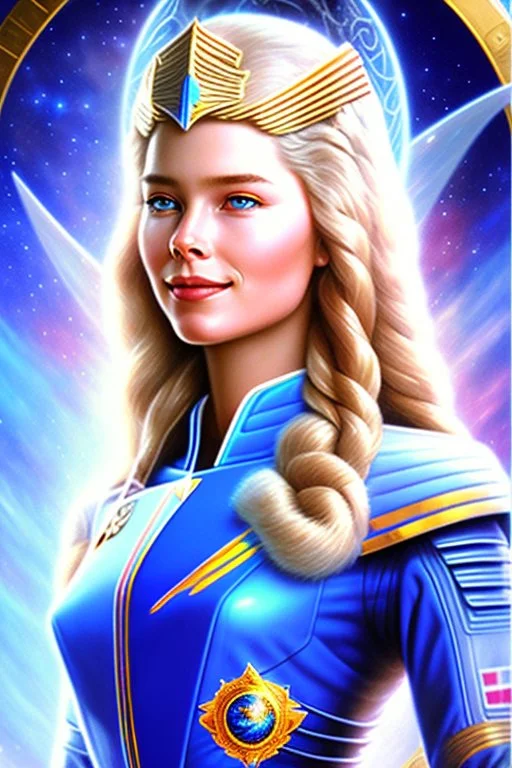 young cosmic woman admiral from the future, one fine whole face, large cosmic forehead, crystalline skin, expressive blue eyes, blue hair, smiling lips, very nice smile, costume pleiadian,rainbow ufo Beautiful tall woman pleiadian Galactic commander, ship, perfect datailed golden galactic suit, high rank, long blond hair, hand whit five perfect detailed finger, amazing big blue eyes, smilling mouth, high drfinition lips, cosmic happiness, bright colors, blue, pink, gold, jewels, realistic, real