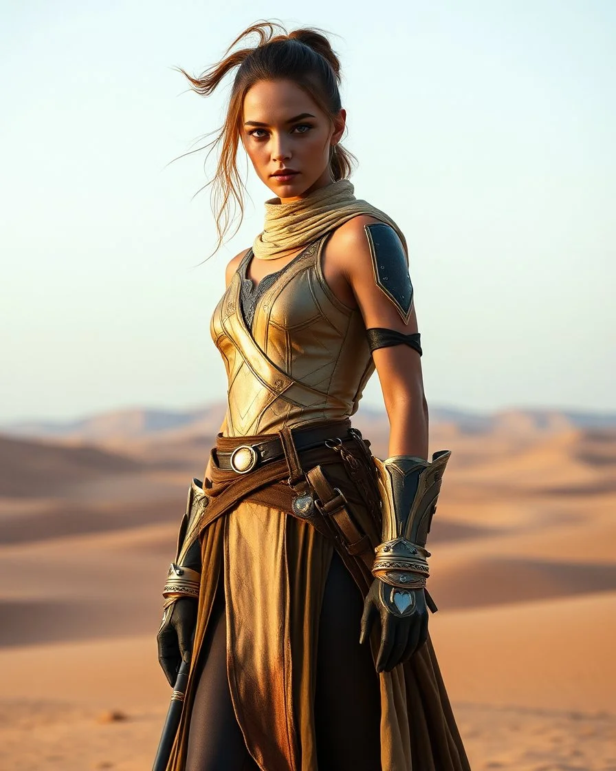 Dune Movie fullbody stand on the desert Young Woman Warrior futuristic clothing ,deep blue eyes in Dune Movie Character