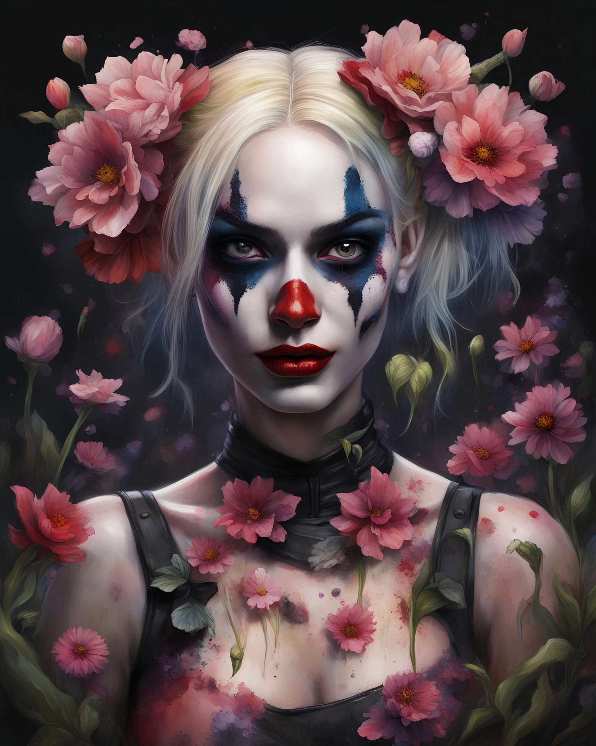 realistic portrait of harley quinn an image of showing a dance of flowers, where each petal and stem moves rhythmically, creating a floral ballet, dark flowery swamp, acid ground, ruins, floral fantasia, dark sci-fi, terraforming with biomechanical