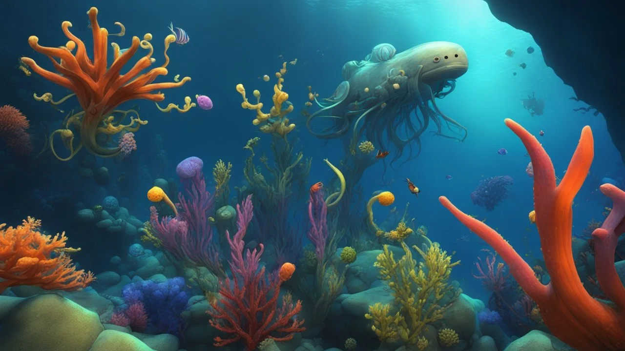 creatures, minerals, mines, plants from subnautica from deep sea, leviathan's a lot of sea plants very deep, beautiful,