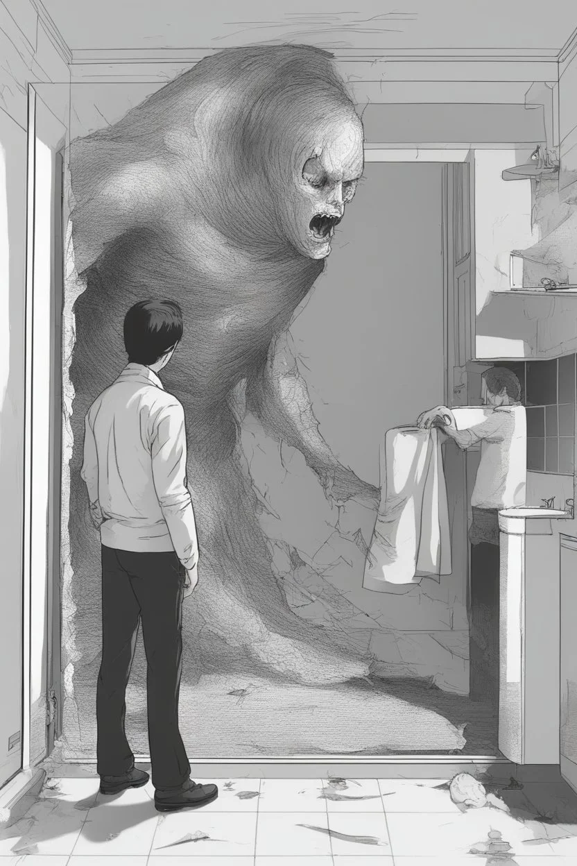 a man looking into a shattered bathroom mirror and seeing a horrifying, abstract deranged monster in his reflection