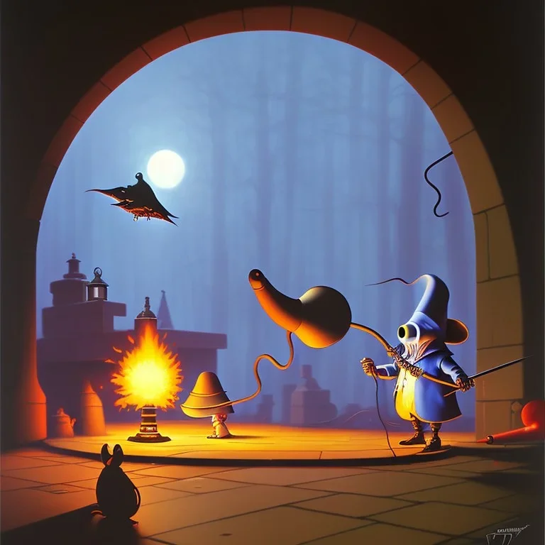 The Grim Reaper, a plague doctor and a mouse, in Lollipop world, considering the future of the universe, art by Ralph McQuarrie