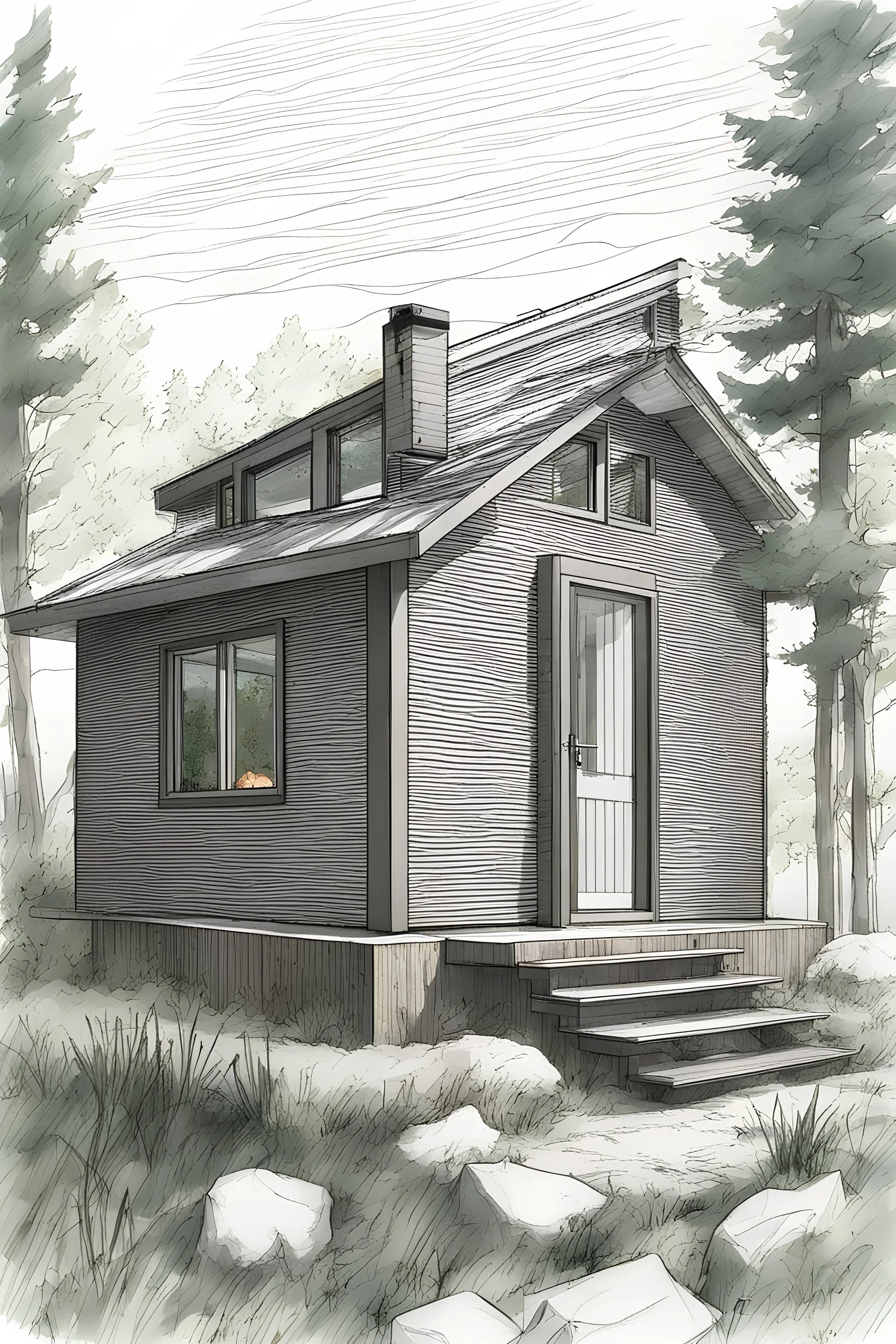 Make this cabin a small modern minihouse with large floor to ceiling windows, black composite materials, steel, glass style. Add solarpanels to ceiling. Make a nice modern garden. It should be evening with smooth light settings. Ultra realistic