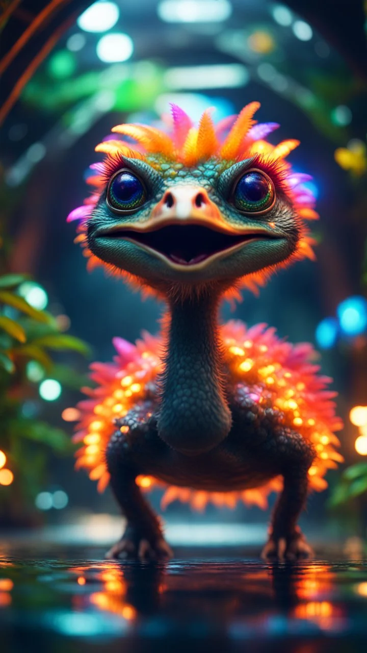 Psychedelic fire breathing space ostrich turtle dragon with friendly cute face and hair like a rocker, in dark lit reflective wet jungle metallic hall dome hotel tunnel, in the style of a game,bokeh like f/0.8, tilt-shift lens 8k, high detail, smooth render, down-light, unreal engine, prize winning