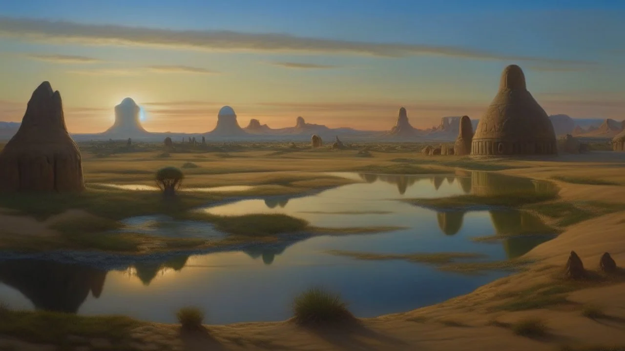 A hyper-realistic oil painting depicting a vast desert landscape at dusk with multiple mirrors reflecting the fading grandeur of an ancient Nubian kingdom