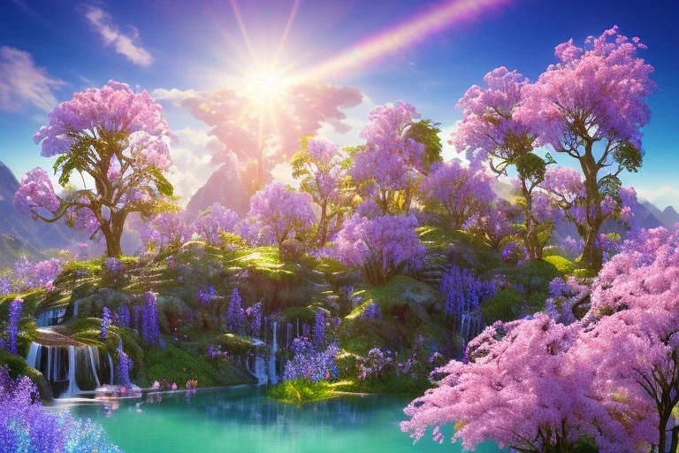 on the mountain, sun,swanns,waterfall, BLUE LAKE, SWANNs,fuksia bugainvillier flowers, jacaranda violet trees, sky pink blue, full of details, smooth, bright sunshine，soft light atmosphere, light effect，vaporwave colorful, concept art, smooth, extremely sharp detail, finely tuned detail, ultra high definition, 8 k, unreal engine 5, ultra sharp focus