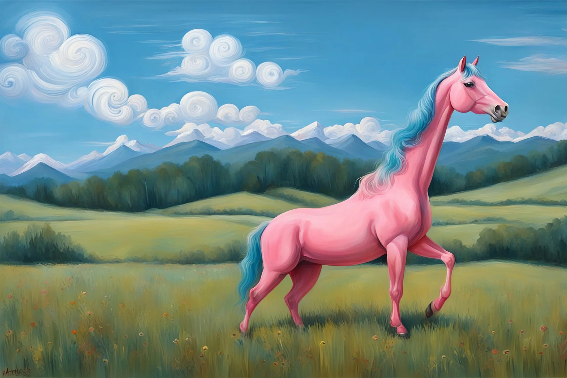 a big plastic pink horse like a 19th painting