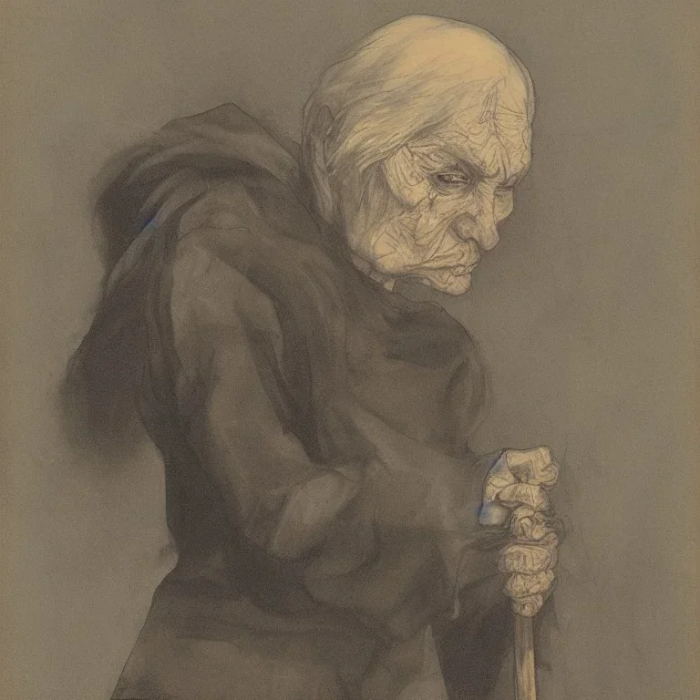 Portrait of a withered old witch with walking cane