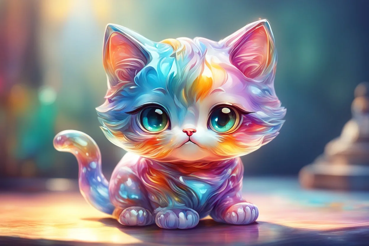 Cute chibi colourful Glass cat in style of Mariya Markina, digital painting; fantasy; very attractive; beautiful; high detail; cinematic postprocessing; acrylic art in sunshine