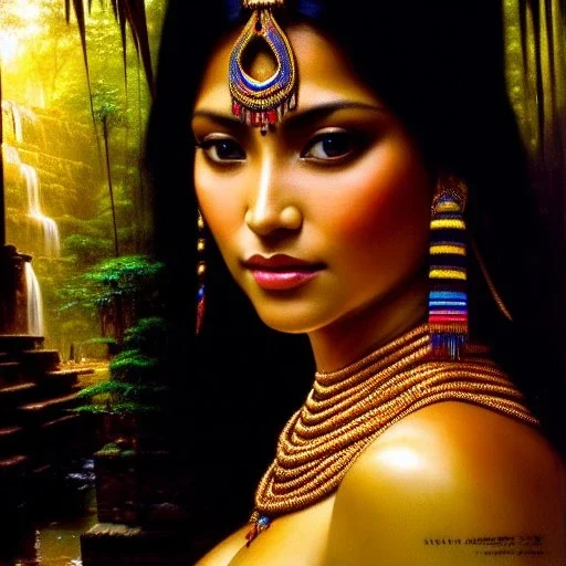 Drawing of beautiful face busty mayan woman,sweet stare,mayan piramid,jungle,waterfall,ancient leather armor, balanciaga fashion clothe painting by gaston bussiere, greg rutkowski, yoji shinkawa, yoshitaka amano, tsutomu nihei, donato giancola, tim hildebrandt, oil on canvas, cinematic composition, extreme detail,fit full head inside picture,16k