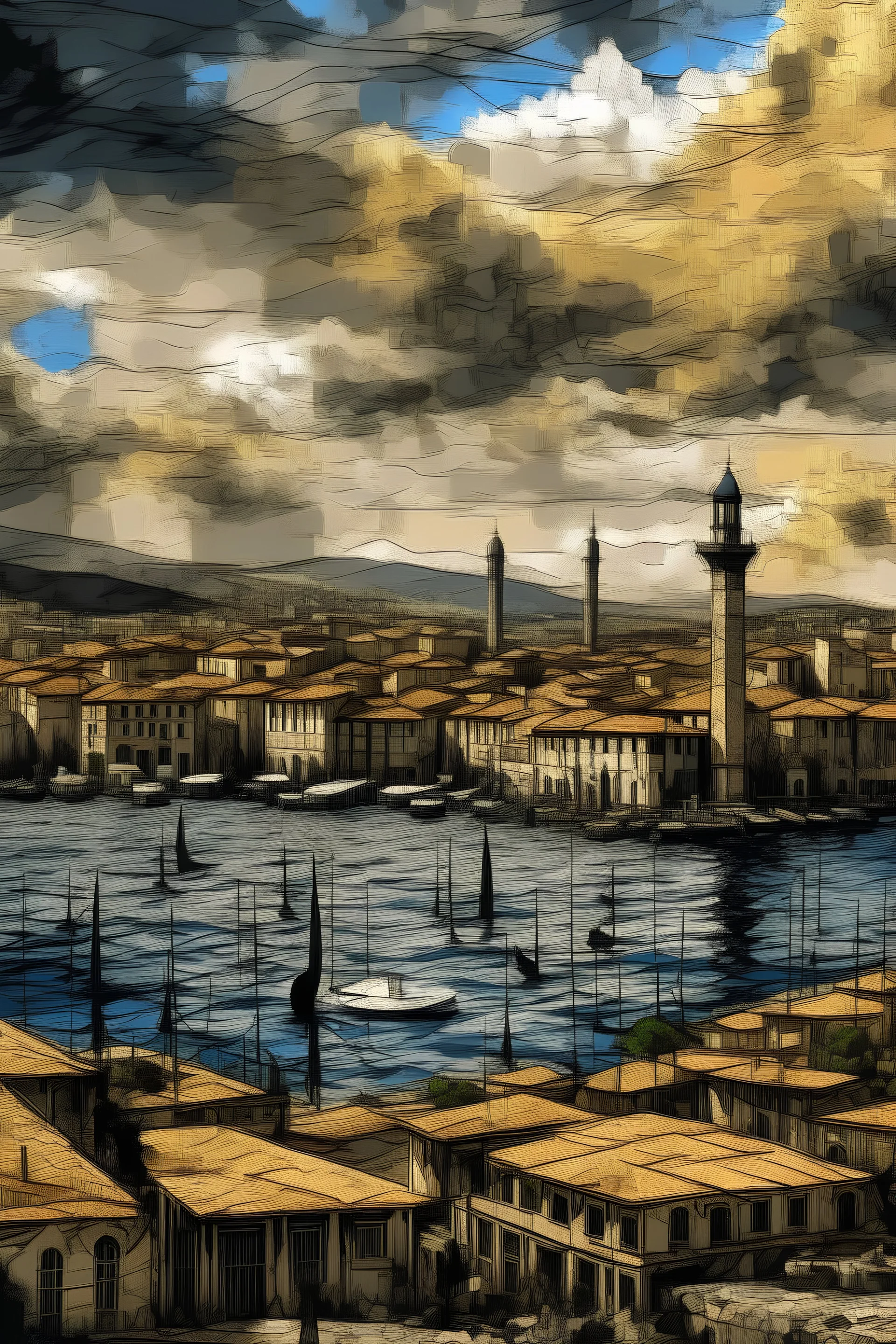 Van Gogh tarzın da bana Türkiye'nin İzmir şehrinin sinematik görselini çiz lütfen