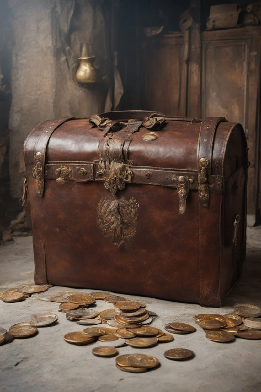 in the BASEMENT there is an old, broken brown oblong leather chest with short handles, with a hole on the side, gold coins from the time of Catherine the Great fall out of it. The ancient coat of arms of tsarist Russia, the double-headed eagle, is BARELY VISIBLE on the bag. All in high quality 8K