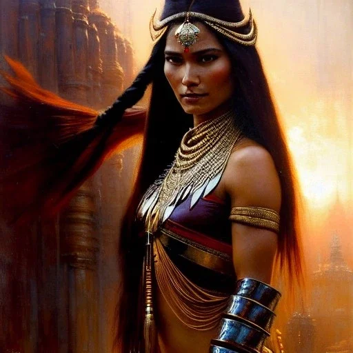 portrait beautiful face Pocahontas,busty,ancient metal armor balanciaga fashion clothe painting by gaston bussiere, greg rutkowski, yoji shinkawa, yoshitaka amano, tsutomu nihei, donato giancola, tim hildebrandt, oil on canvas, cinematic composition, extreme detail,fit full head inside picture