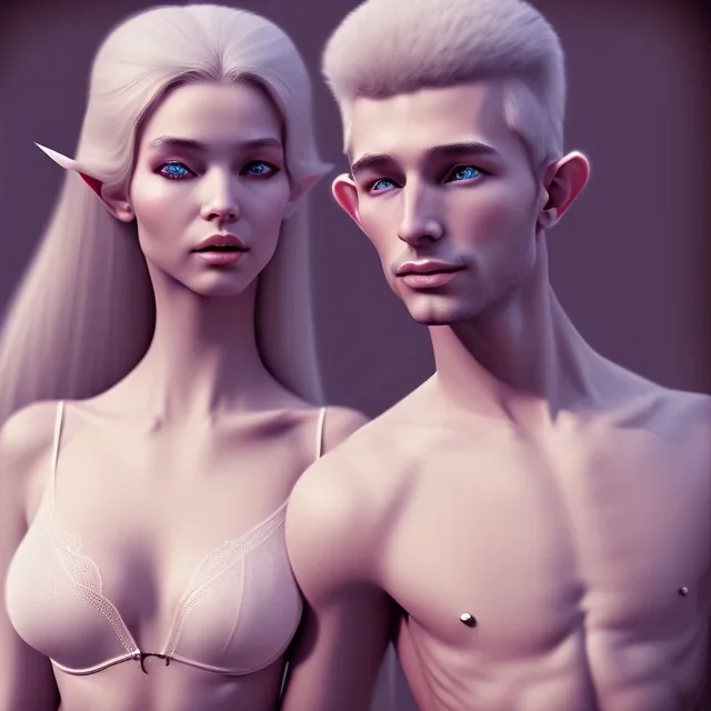 two elves. woman and man. Lingerie. photorealistic. low-key