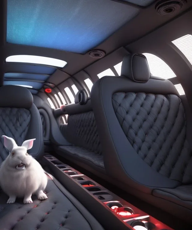 Ultra realistic back seat of limousine image, wide angle view, Alice woman and white rabbit, many color balls, circus clothing, long hair, smoke, feather long coat, soft color, highly detailed, unreal engine 5, ray tracing, RTX, lumen lighting, ultra detail, volumetric lighting, 3d, finely drawn, high definition, high resolution.