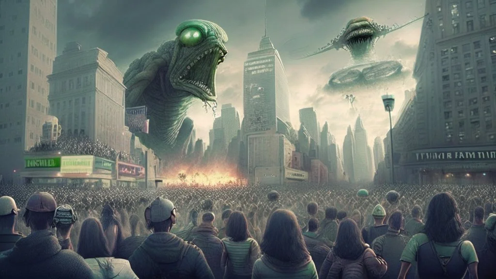 a crowd enjoys watching our alien overlords attack major cities