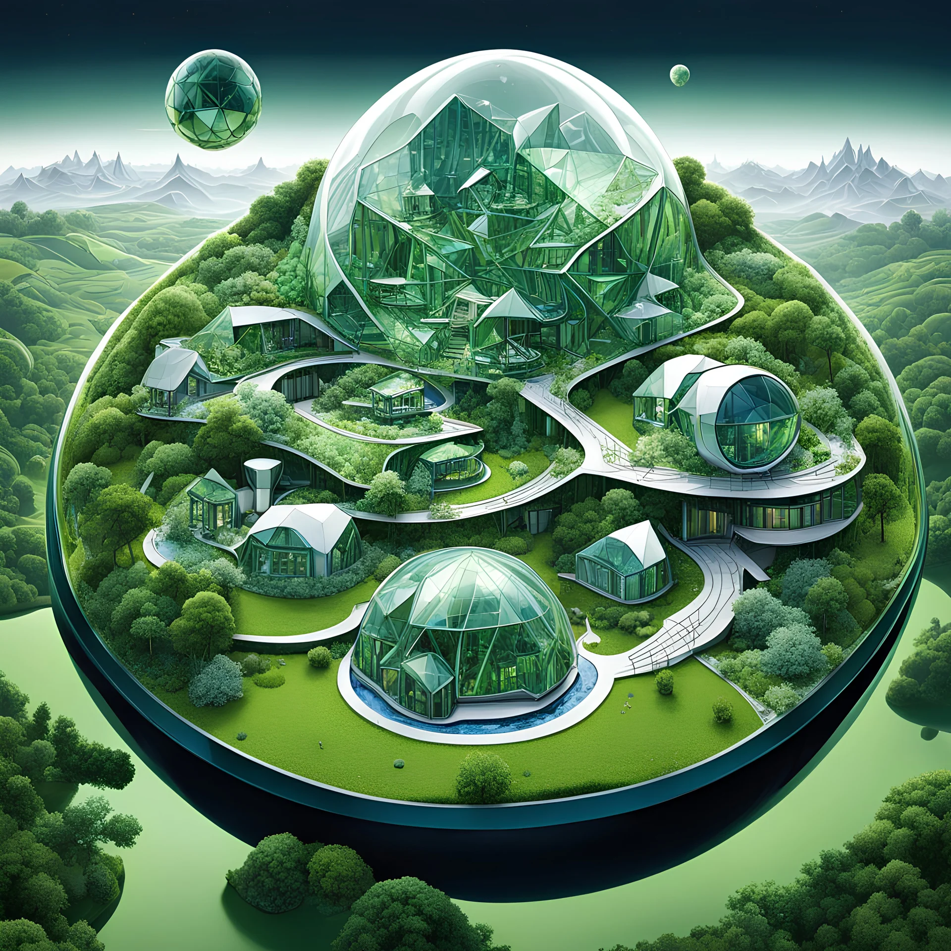 Inside a crystal globe exists a miniature green farm village perfect utopia, biomorphic white - Kelly_Green - midnight_blue Escher-esque flowing sleek barns and houses built in the verdant terrain, by Victor Enrich, by Daniel Merriam, by Thomas Kincade, surrealism, fine point ink illustration, technically perfect, sharp focus, bright primary colors, sharp contrast, maximalist, heavy intricate detail, Utopian.