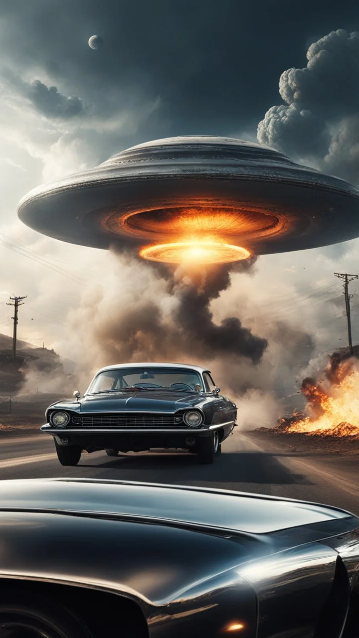 The image shows a photograph with a science fiction theme. Reflected in a side-view mirror, we see a classic car with passengers, driving on a desolate road. In the background, a large UFO hovers in the sky while multiple explosions erupt in the distance, sending up clouds of smoke and fire. The mirror's border frames this chaotic scene, juxtaposing a calm, seemingly oblivious drive with the dramatic events unfolding behind. The aged effect of the photo adds a layer of nostalgia to t