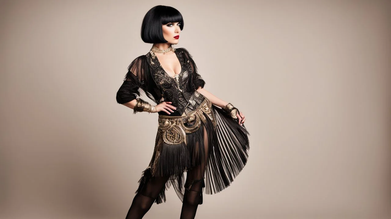 Full Body, burlesque dancer looking to the right, With A Bob With A Fringe Hairstyle, 1920s clothing, Steampunk,