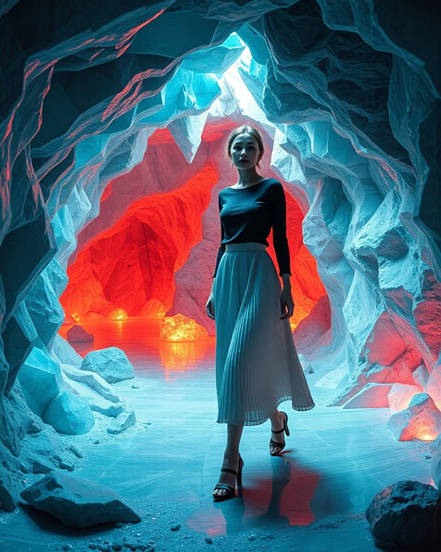 make a picture pretty cave made of crystal diamond 3d fractal recursive cubic and sphere base structures and a beautiful fashion model lady with cute,with dark cyan decholte top and pretty pleated midi skirt,siver she walks in cave ,dynamic camera zoom to full body and fallow her inside cave dynamic lights.