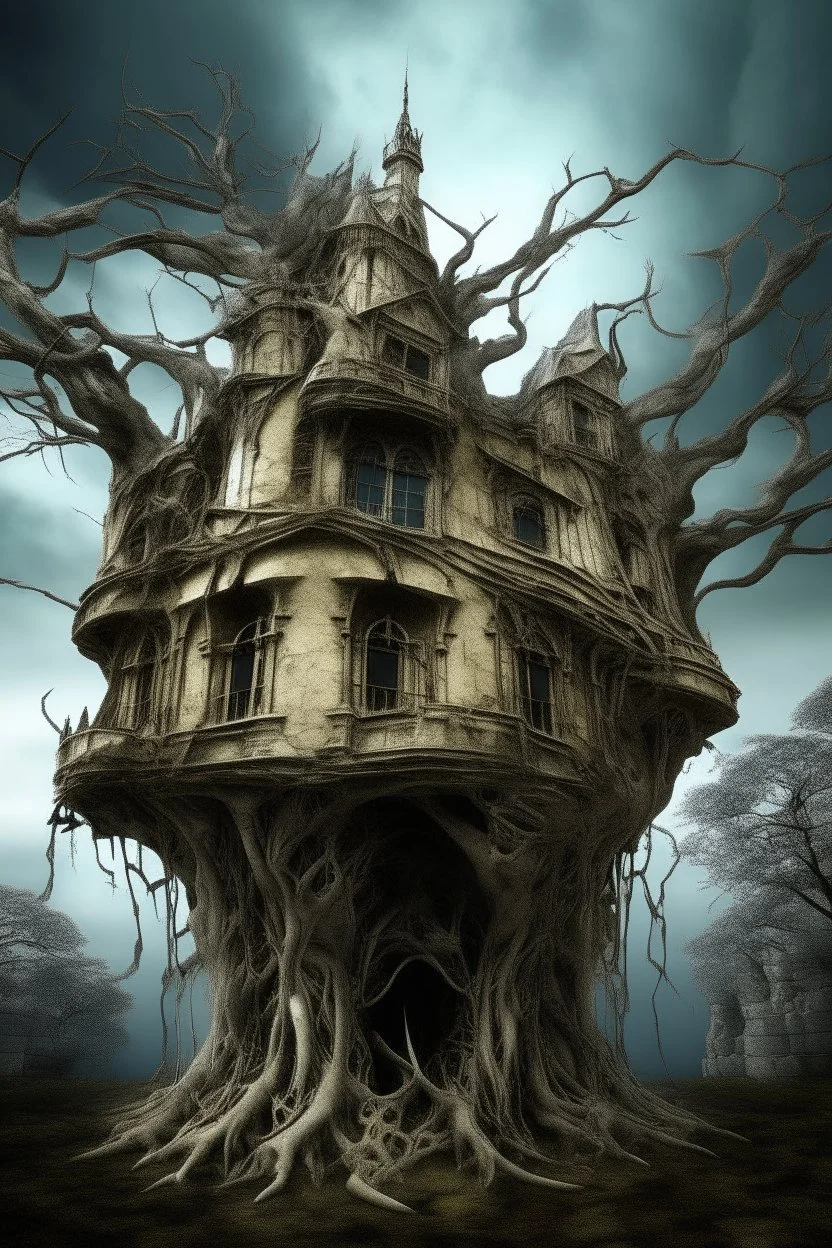 surrealis monochrome A fragmented, surreal sculpture liguid color of photorealistic image 3d,psychedelic art of an castle glossy emerging from devilish a crumbling building. The face appears pale with deep cracks and intricate details, evoking a haunting expression. Blackened tree branches intertwine with the gold mengkilat cracks, set against a backdrop of stormy, cloud-filled skies. bauhaus art The overall tone is dark and moody, suggesting themes of decay and transformation.