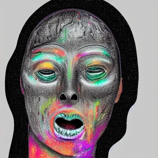 Silver on black paper portrait of female smiling face of migraine, face distorted with pain, reverse colors, screaming, tears streaming from eyes, colorless, glitchcore, dystopian, horror, ultra realist texture, intricate line drawing,