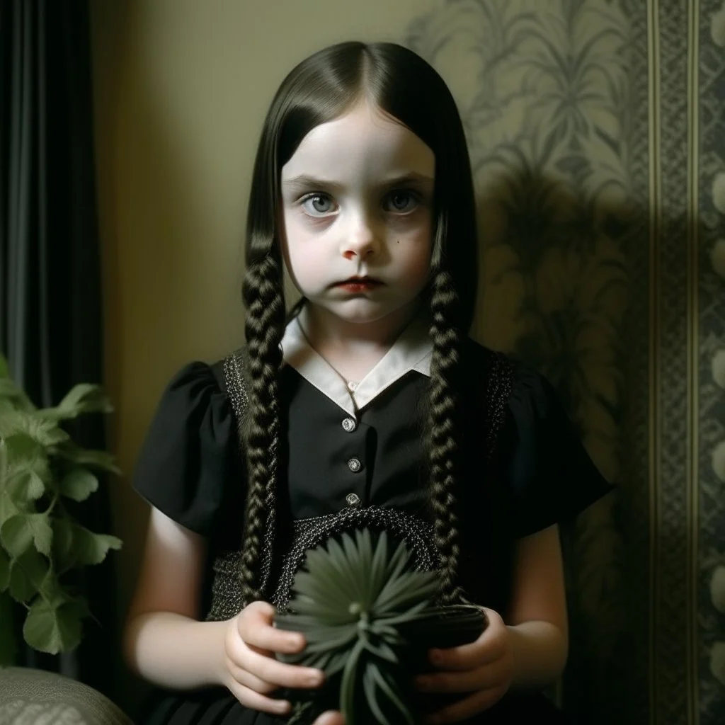 wednesday addams as a child, braids, frange, with a black flower,worn polaroid, 1970s, empty room, no émotion on her cold face