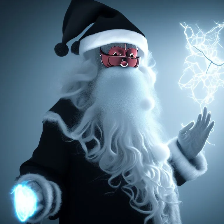 All Black Santa, ghost, wearing high tech mask, white smoke, dark, rage, high definition, ultra 8 k, volumetric lighting, blue fire, fog red rain