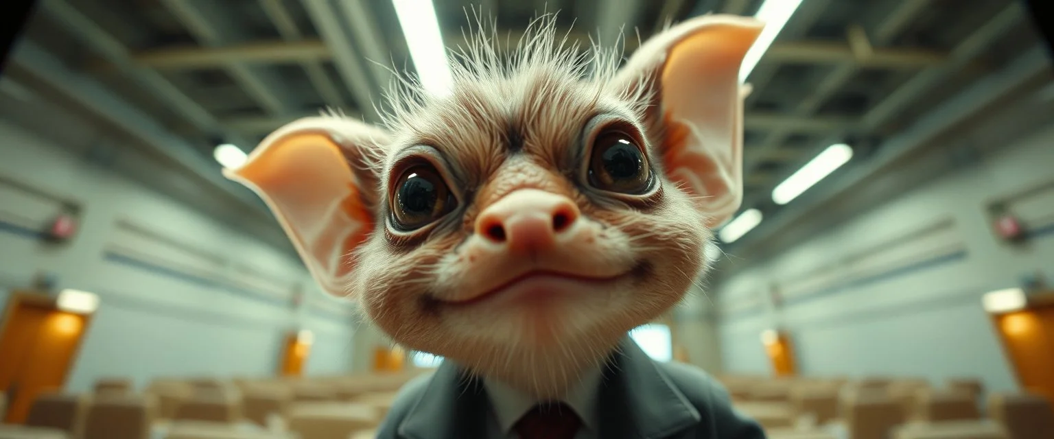 extreme close up on cheeky fluffy weasel gremlin news anchor elf family scumbag in the style of Escher and Giger and Fallout 4, pinhole cam, airbrush 3d rendering, on tv screen:A five-second cinematic single take in a clean industrial presentation hall.