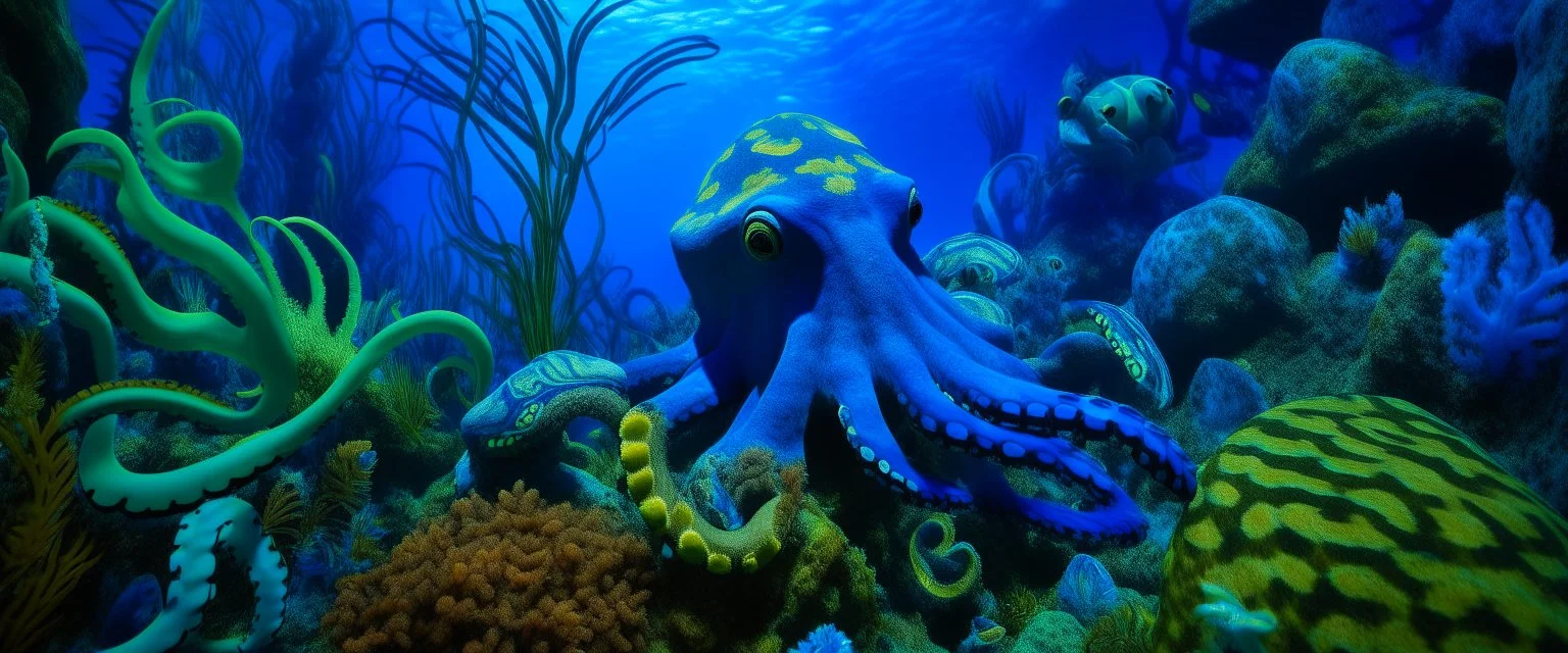 An indigo underwater reef with an octopus designed in African masks painted by Paul Gauguin