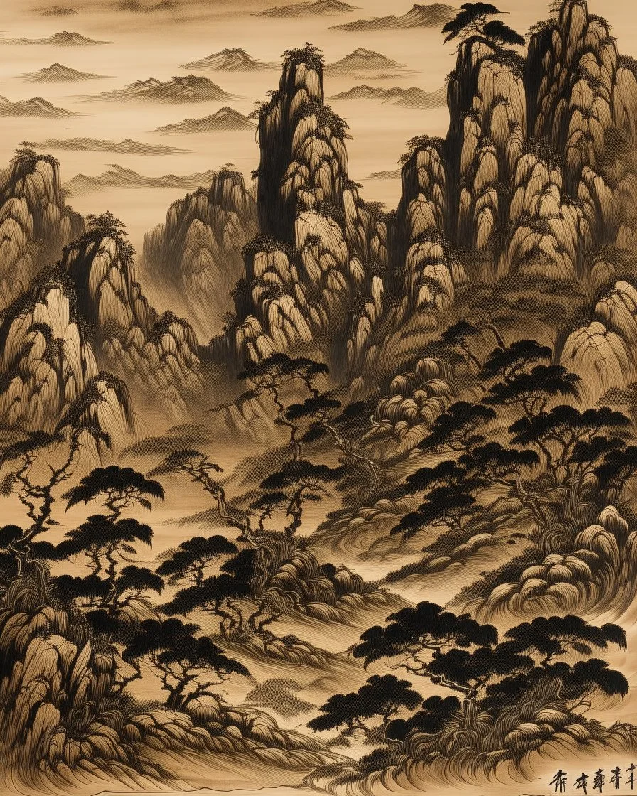 A dark brown dry mountain painted by Guo Xi