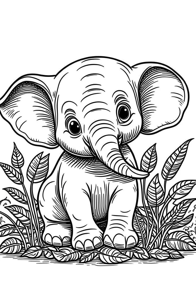 cute coloring page, sketch style, cute baby elephan in the jungle, cute cartoon, white and black, withe background, no shadows, outline.