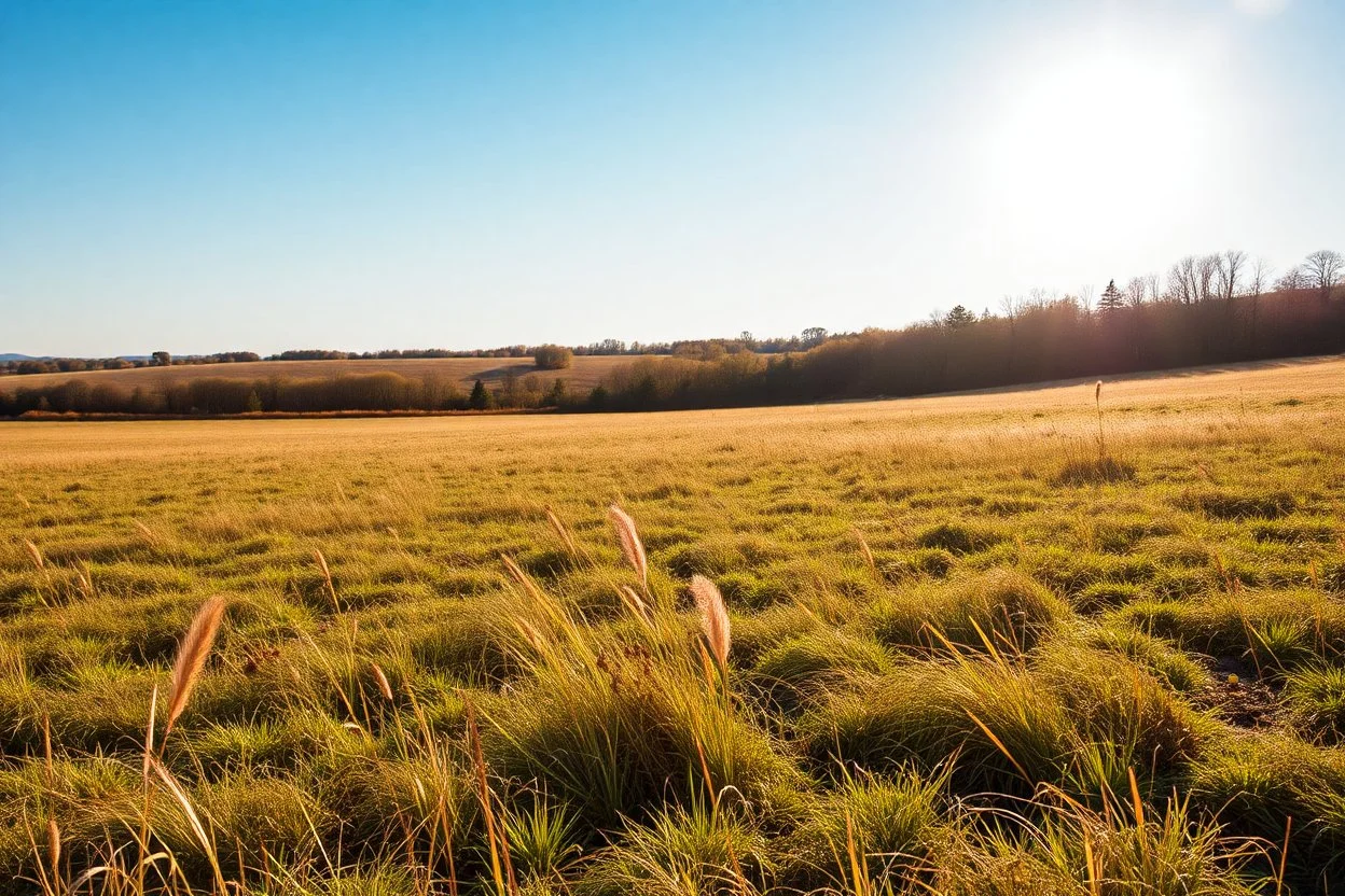 clearing next to a fallow field, sunny afternoon, product photo setting, mid-level horizon, taken from 15 feet up