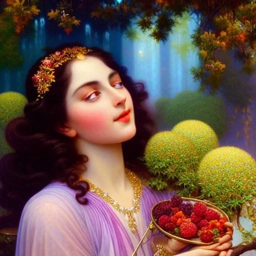 Hyperdetailed oil on canvas, young annie henley at a temple fountain, beautiful, detailed face, long dark hair, surrounded by luminous colorful sparkles, airbrush, depth of field, raspberries, blackberries, octane render, by gaspar camps, maxfield parrish, alphonse mucha, cyril rolando, volumetric lighting, dusk, 16k