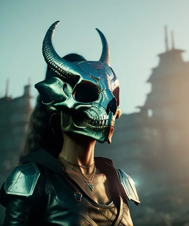 A badass Sofia Buttela wearing a dragon skull mask, atmospheric, realistic, unreal engine, cinematic lighting, octane render.